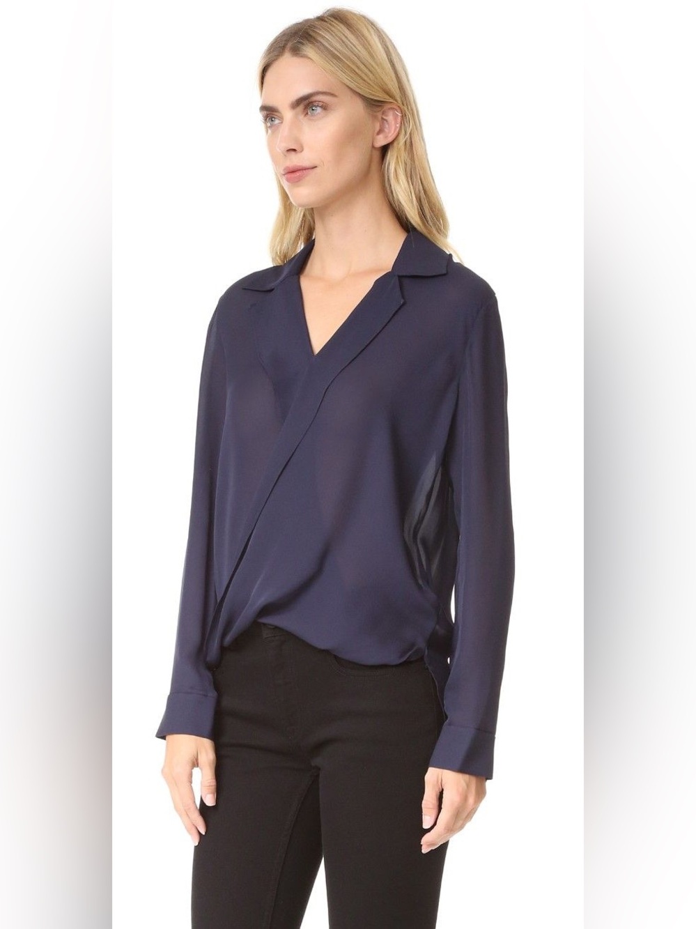 L'AGENCE Rita drape front navy silk long sleeve top blouse sz medium